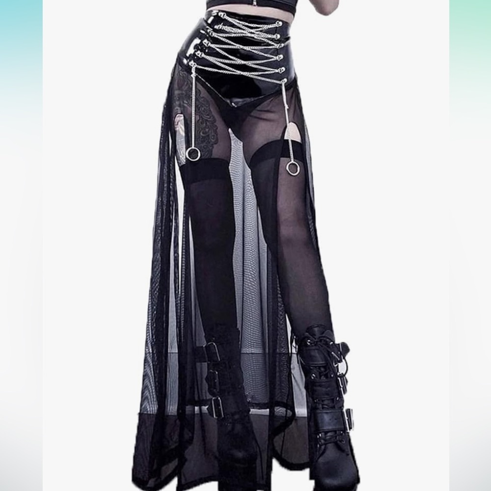 Gothic long mesh skirt with chains